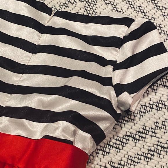 Christmas Holiday Short Sleeve Satin Black White Striped Olivia Dress w Red Bow - Picture 6 of 8